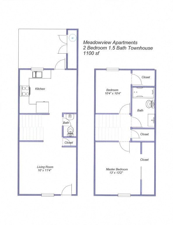 Floor plan for 2 beds, 1.5 baths, 1100 sqft